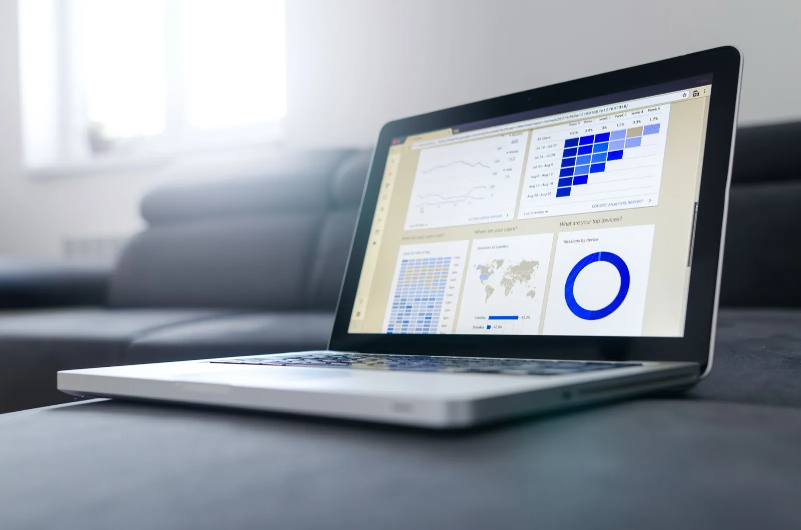Laptop som visar en analyspanel med diagram och grafer, som symbol för en sökmotoroptimeringsanalys